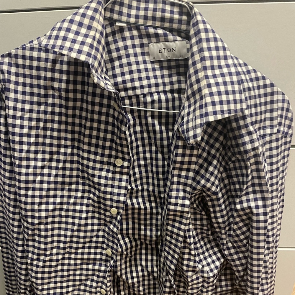 Navy Blue white plaid Men’s Eton dress shirt.